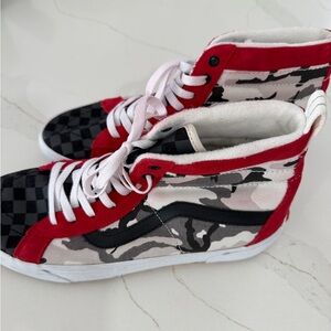 Vans Customs High-Top MTE Checker & Camo Sneakers in Red, Black, Gray